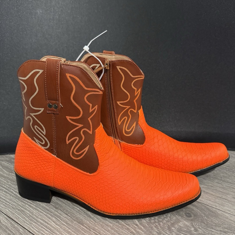 Metrocharm Western Orange Cowboy Rodeo Boots Snake Pattern‎ Synthetic Leather 9